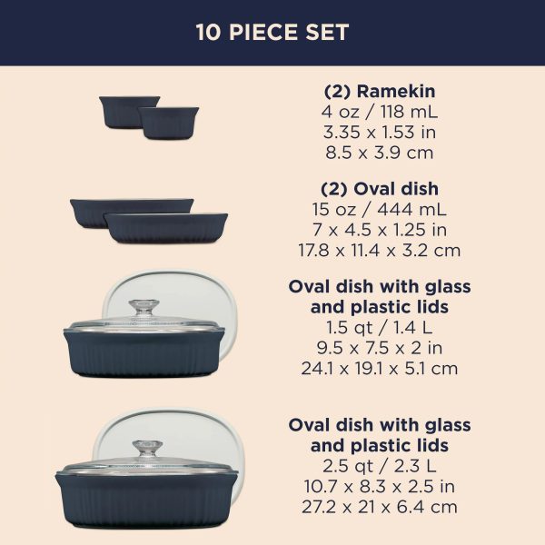 Corelle Dinnerware- Lightweight French Colors 10-piece Oval Bakeware Set, Navy