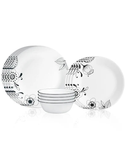 Corelle Dinnerware- Lightweight Inked Poppy 12-piece Dinnerware Set, Service for 4