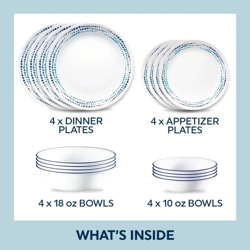 Corelle Dinnerware- Lightweight Ocean Blues 16-piece Mugless Dinnerware Set, Service of 4