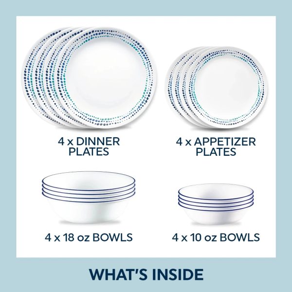 Corelle Dinnerware- Lightweight Ocean Blues 16-piece Mugless Dinnerware Set, Service of 4