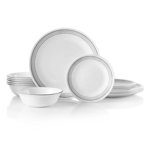 Corelle Dinnerware- Lightweight Mystic Gray 18-piece Mugless Dinnerware Set, Service for 6