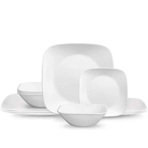 Corelle Dinnerware- Lightweight Square? Pure White 12-piece Dinnerware Set with Appetizer Plates, Service for 4