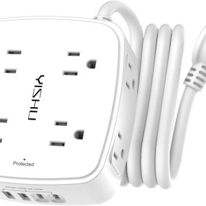6Ft Surge Protector Power Strip with 8 Widely Outlets & 4 USB Ports | 3 Side Outlet Extender with 6 Feet Extension Cord, Flat Plug, for Home, Office, College Dorm Room Essentials, ETL, White