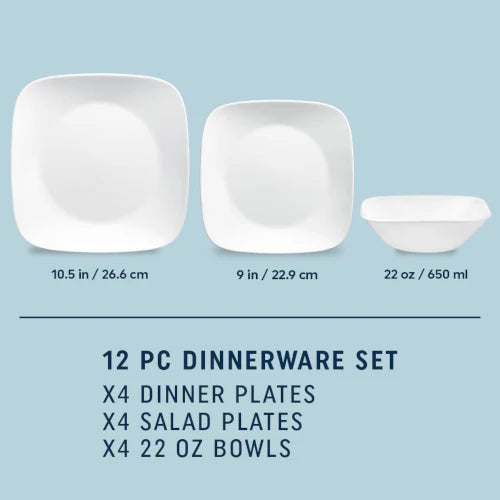 Corelle Dinnerware- Lightweight Square® Pure White 12-piece Dinnerware Set, Service for 4