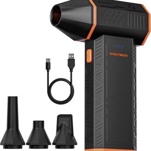 WOLFBOX MegaFlow 50 Compressed Air Duster, 110,000 RPM, 3-Gear Adjustable | Electric, Mini Blower, Fast Charging, Computer, Keyboard, House, Outdoor, Car, 0.45 lb Lightweight, 4 Nozzles