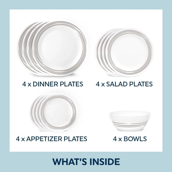 Corelle Dinnerware- Lightweight Brushed Silver 16-piece Dinnerware Set, Service for 4 Corelle Dinnerware- Lightweight Brushed Silver 16-piece Dinnerware Set, Service for 4