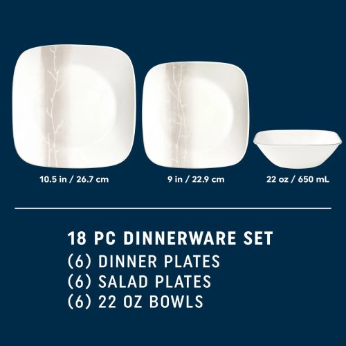 Corelle Dinnerware- Lightweight Square Wandering Grove 18-piece Dinnerware Set, Service for 6