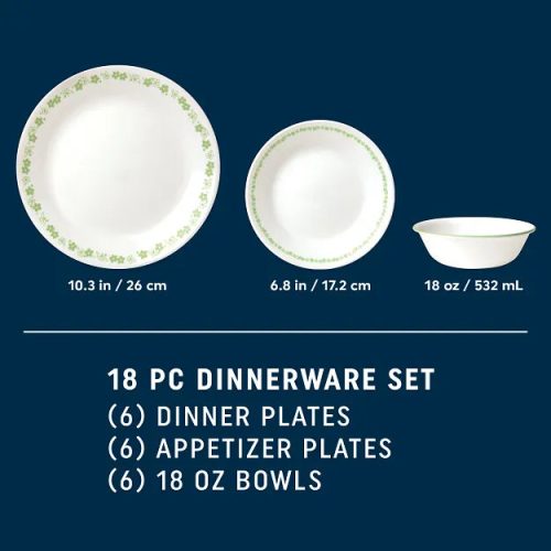Corelle Dinnerware- Lightweight Spring Blossom Green 18-piece Dinnerware Set, Service for 6