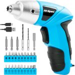 Hi-Spec 3.6V USB Electric Screwdriver for Home Repairs and Assembly, Blue | 27pc, fast assembly help, common screw bit selection, LED visibility, compact grip, quick household fixes, organized storage