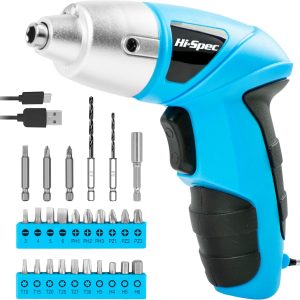 Hi-Spec 3.6V USB Electric Screwdriver for Home Repairs and Assembly, Blue | 27pc, fast assembly help, common screw bit selection, LED visibility, compact grip, quick household fixes, organized storage