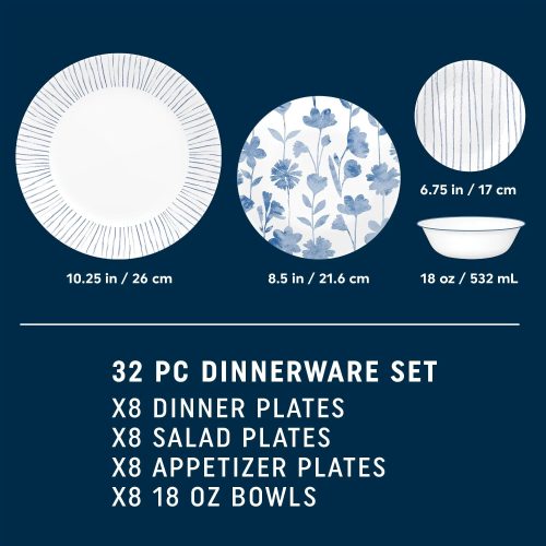 Corelle Dinnerware- Lightweight Botanical Stripes 32-piece Dinnerware Set, Service for 8