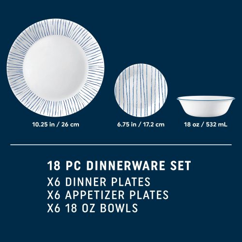 Corelle Dinnerware- Lightweight Nautical Stripes 18-piece Dinnerware Set, Service for 6