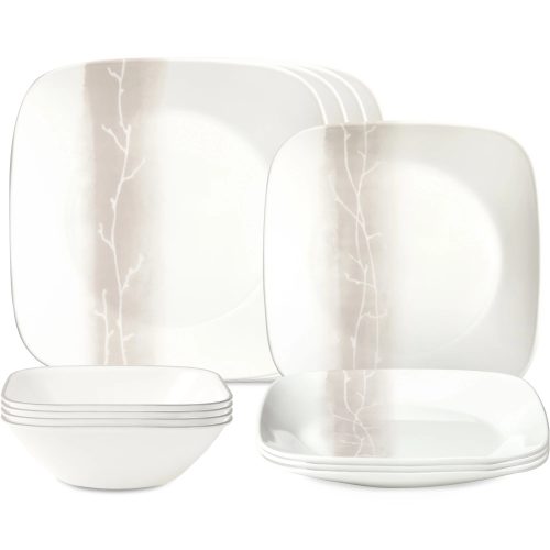 Corelle Dinnerware- Lightweight Wandering Groves 12-piece Dinnerware Set, Service for 4 Corelle Dinnerware- Lightweight Brushed Silver 16-piece Dinnerware Set, Service for 4