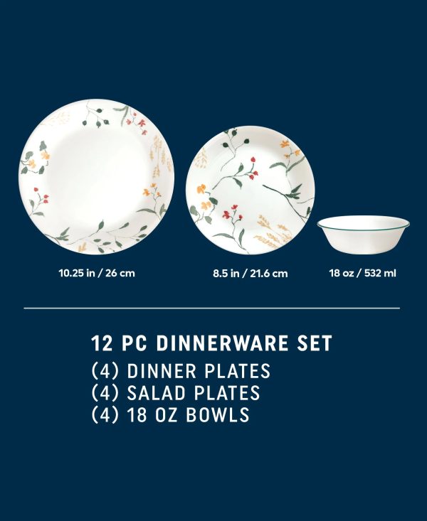 Corelle Dinnerware- Lightweight Wildflower Scatter 12-piece Dinnerware Set, Service for 4