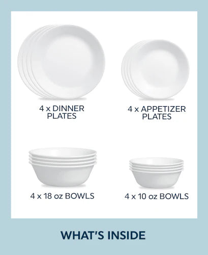 Corelle Dinnerware- Lightweight Winter Frost White 16-piece Mugless Dinnerware Set, Service for 4