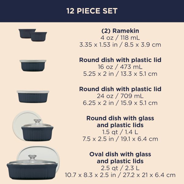 Corelle Dinnerware- Lightweight French Colors 12-piece Oval Bakeware Set, Navy