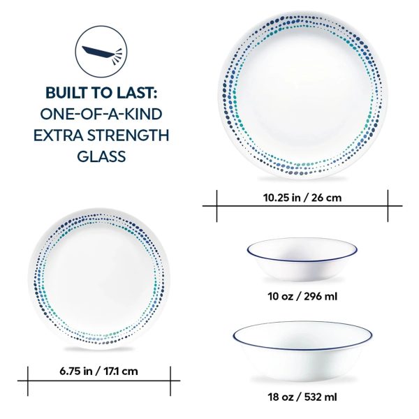 Corelle Dinnerware- Lightweight Ocean Blues 16-piece Mugless Dinnerware Set, Service of 4