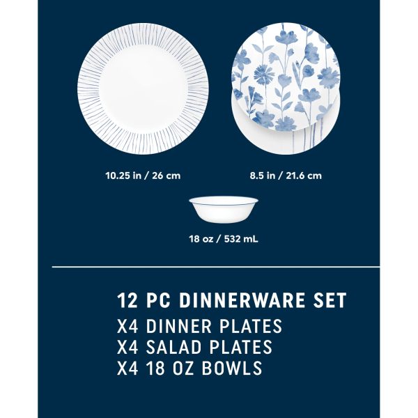 Corelle Dinnerware- Lightweight Botanical Stripes 12-piece Dinnerware Set, Service for 4