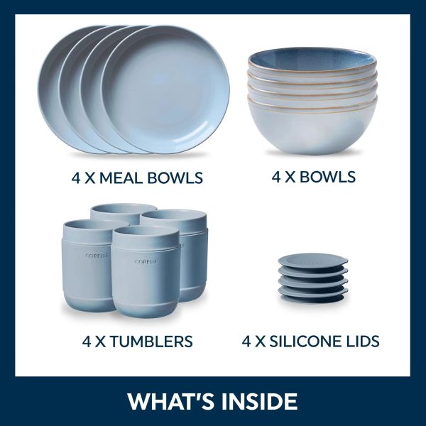 Corelle Dinnerware- Lightweight Stoneware 16-piece Dinnerware Set, Service for 4, Nordic Blue