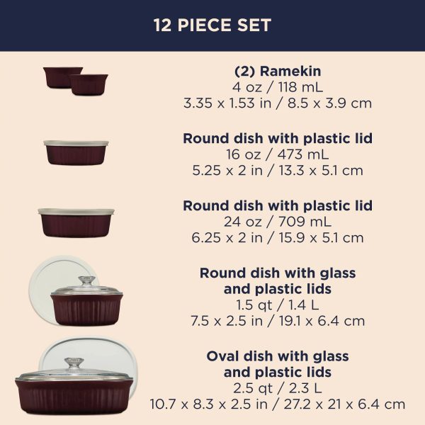 Corelle Dinnerware- Lightweight French Colors 12-piece Bakeware Set, Cabernet Corelle Dinnerware- Lightweight French Colors 12-piece Bakeware Set, Cabernet